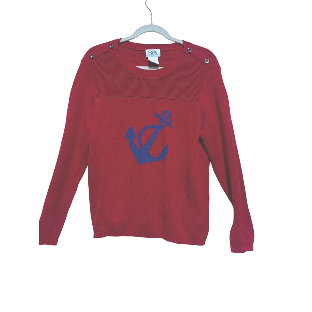 Vintage BFA Classics Red Anchor Nautical Knit Sweater Womens‎ sz M Button Detail